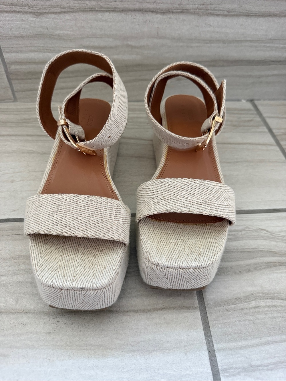 ASOS Cream Platform Ankle-Strap Sandals with Gold Buckles